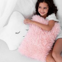 Set of 2 Decorative Throw Pillows for Girls, Baby Kids. Star Fluffy White Cute Embroidered Sleeping Face and Furry Pink Faux Fur, Soft and Plush - For Crib - Nursery Toddler or Teen Bedroom Décor