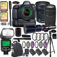 Canon EOS 6D Mark II DSLR Camera w/ 24-105mm Lens, 75-300 Lens & 500mm Preset Lens + 2X 64GB Sandisk Extreme Memory + Auto TTL Flash (Guide # 58/190 ft) + 60" Portable Tripod + Professional Kit