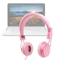 DURAGADGET Pink Ultra-Stylish Kids Fashion Headphones w/Padded Design & Microphone - Suitable for Use with HP Chromebook 11 G2-Exynos 5250 11.6-Inch Laptop