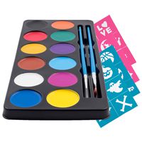 Colorful Face Paint Kit (12 Vivid Water Colors Palette) 24 Stencils 2 Brushes & Tutorial Ebook for Beginners - Ideal for Sensitive Skin, 100% Safe - Halloween Party Makeup - Super Easy On and Off