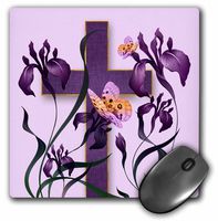 3dRose Purple Iris Flowers with a Christian Cross and Butterflies mouse pad (mp_266786_1)