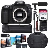 Canon EOS 90D DSLR Digital SLR Camera Body Only Kit and Deluxe Gadget Bag Bundle + Battery Grip + Microphone + Monopod + 128GB Memory Card + 5-Pack Photo/Video Editing Software & Accessories