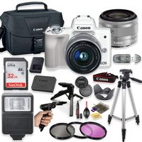 Canon EOS M50 Mirrorless Digital Camera (White) with 15-45mm STM Lens + Deluxe Accessory Bundle Including Sandisk 32GB Card, Canon Case, Flash, Grip Multi Angle Tripod, 50" Tripod, Filters and More.