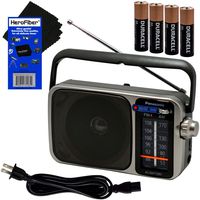 Panasonic Portable AM/FM Radio with Great Reception, Led Tuning Indicator, Compact Size + 4 AA Batteries + HeroFiber Ultra Gentle Cleaning Cloth