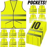 PeerBasics, Pocket Safety Vest 10 Pack, Yellow Reflective High Visibility, Hi Vis Silver Strip, Men & Women, Work, Cycling, Runner, Surveyor, Volunteer, Guard, Road, Construction (10, Neon Yellow)