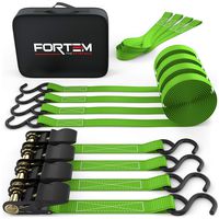 FORTEM Ratchet Tie Down Straps, 4X 15ft Securing Straps, 4X Soft Loops 1500lb Break Strength, Rubber Coated Metal Handles, Plastic Coated Metal Hooks, Carrying Case (Green 4-Pack)