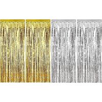 Anasu 4 Pack Foil Fringe Curtains Photo Backdrop, Shiny Metallic Tinsel Party Door Curtain Photo Booth Props Birthday Wedding Bridal Baby Shower Party Decorations (Gold+Silver, 4 Pack)