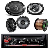JVC KD-R370 CD/MP3 AM/FM Radio Player Car Receiver Bundle Combo With 2x DR1720 300-Watt 6.75" Vehicle Coaxial Speakers + 2x DR6940 6x9" Inch 1100W 4-Way Audio Speakers + Enrock 50Ft 16-Gauge Wire