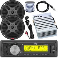 Sound Around Pyle AM/FM in-Dash Marine MP3 Player USB AUX Headunit Receiver, 2 x 6.5 600W Coaxial Full-Range Black Stereo Speakers, 2-Channel Amplifier, AUX Interface, Speaker Wire, Antenna