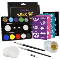 Face Painting Set for Parties with 32 Stencils (for 50-80 Face Paint Projects) 8 Colors, 2 Brushes, 2 Glitters, 2 Sponges & 2 Applicators Included - 100% Safe, FDA Compliant, Water Activated