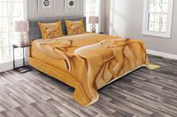 Lunarable Retro Bedspread, Carved Wooden Mother Child Baby Elephants Animals Design, Decorative Quilted 3 Piece Coverlet Set with 2 Pillow Shams, Queen Size, Mustard Apricot