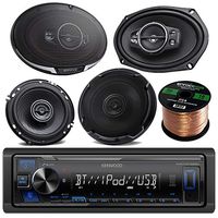Kenwood Single DIN Bluetooth in-Dash AM/FM Car Stereo Receiver Bundle Combo with 2X 6x9 Inch 1300W 5-Way Flush Mount Coaxial Speakers + 2X 6.5 Audio Speaker + Enrock 50 Ft Speaker Wire