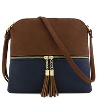 Lightweight Color-block Medium Crossbody Bag with Tassel (Brown/Navy)