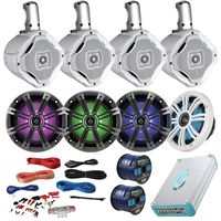 Marine Speaker Package 4 Kicker 41KM654LCW 6.5" Boat Coaxial Speaker + 4 White AQWB65W 6.5" Marine Wake Board Speakers + Lanzar 4800w Bluetooth Amplifier with Install Kit + Enrock 100ft Speaker Wire