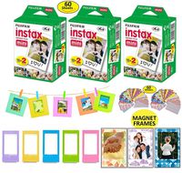 Fujifilm Instax Camera Mini Instant Film Sheets, 3 Twin Packs (60 Total Pictures) + 5 Picture Frames + 3 Magnet Frames (May Vary) + 10 Paper Frames + 60 Sticker Frames.