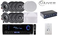 Vaiyerkits Home Audio Package - Includes: (8) 150W 5.25" in-Wall/in-Ceiling White Speakers (1) 300W Digital Stereo Receiver (1) Remote (1) 4 Channel Speaker Selector & (1) in-Wall Bluetooth Receiver