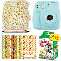 FujiFilm Instax Mini 9 Instant Camera ICE Blue + Fuji Instax Film (20 Sheets) + Emoji Print Hard Clear Case + 20 Emoji Sticker Frames + Rainbow Neck/Shoulder Strap