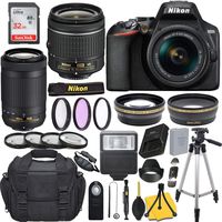 Nikon D3500 DSLR Camera with AF-P DX NIKKOR 18-55mm f/3.5-5.6G VR + AF-P NIKKOR 70-300mm f/4.5-6.3G ED + 32GB Memory Card + Slave Flash + Case + More.