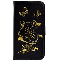 IKASEFU Stylish Pretty Gold Flower Butterfly Pattern Pu Leather Wallet Card Slots Flip Case Cover Compatible with Samsung Galaxy Core Prime G360-Gold Flower,Black