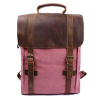 S-ZONE Vintage Canvas Leather Backpack 15.6 Inch Laptop School Bag Travel Rucksack (Pink)