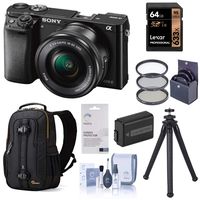 Sony Alpha a6000 Mirrorless Digital Camera 24.3MP (Black) with 16-50mm Lens (ILCE6000L/B), Travel Bundle with Lowepro Backpack, Battery, Filter Kit, UFO 2 Tripod, 64GB SD Card, and Accessories