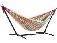 Vivere Double Cotton Hammock with Space Saving Steel Stand, Salsa (450 lb Capacity - Premium Carry Bag Included)