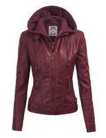 Lock and Love LL WJC1044 Womens Faux Leather Quilted Motorcycle Jacket with Hoodie XL Wine