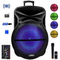 beFree Sound 18 Inch BT Portable Rechargeable Party Speaker with Sound Reactive LED Party Lights, USB/SD, Microphone/Guitar Inputs and FM Radio