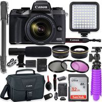 Canon EOS M5 Mirrorless Digital Camera with 18-150mm Lens + Professional Video Kit with 32GB Memory, HD Filters, Monopod, Spider Tripod, Canon Gadget Bag & More.