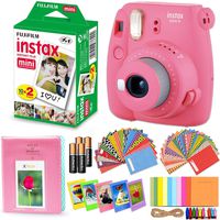 Fujifilm Instax Mini 9 Instant Camera (Flamingo Pink) + Fuji Instax Mini Instant Film Twin Pack (20 Exposures), Pink Photo Album, 4AA Batteries, 120 Assorted Mini Stickers/Hanging Frames + More