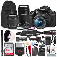 Canon T7 EOS Rebel DSLR Camera with 18-55mm and 75-300mm Lenses Kit with UV Filter Set + 62" Monopod + Power Kit & 64GB SD Card Platinum Bundle