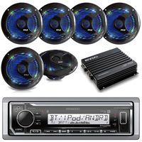Kenwood Marine Digital Media Bluetooth Receiver, 6X Pyle 6.5'' Waterproof Speakers w/LED Lights (Black), Pyle Waterproof Bluetooth Amplifier