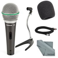 Photo Savings Samson Q6 Handheld Microphone Bundle with Desktop Microphone Stand + Mic Muff + XLR Cable + Fibertique Cleaning Cloth