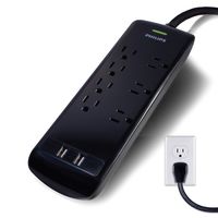 Philips 7 Outlet Power Strip Surge Protector, 2 USB Charging Ports, 4ft Power Cord, Flat Plug, Wall Mount, 1440 Joules, ETL Listed, Circuit Breaker, Automatic Shutdown, Black, SPP6270BC/37