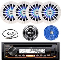JVC Marine Stereo Receiver Bundle Kit with Remote Control, 4X Enrock 6.5" EMLED265W Marine Speakers, Enrock Wire Antenna, Enrock 50 ft Speaker Wire (White)
