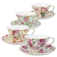 Gracie China by Coastline Imports 33708B Rose Chintz 8-Ounce Porcelain Tea Cup and Saucer, Set of 4