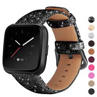 Mosstek Genuine Leather Bands Compatible with Fitbit Versa 2 & Versa 1 & Versa Lite & Versa Special, Genuine Leather Band Replacement Strap for Versa Women - Black Glitter