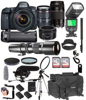 Canon EOS 6D Mark II with 24-105mm f/4 L is II USM + 75-300mm III + 50mm 1.8 STM + 500mm Telephoto Lenses + 128GB Memory + Pro Battery Bundle + TTL SpeedLight + Pro Filters,(26pc Bundle)