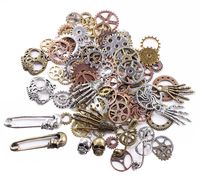 BIHRTC 140 Gram (Approx 92pcs) DIY Assorted Color Antique Metal Steampunk Watch Gear Cog Wheel Skull Musical Note Skull Hand Safety Pin Charms Pendant for Crafting, Jewelry Making Accessory