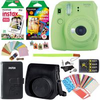 Fujifilm Instax Mini 9 Instant Camera (Lime Green), 1 Rainbow Film Pack, 1 Single Pack (White) Instant Film, case, 4 AA Rechargeable Battery's with Charger, Square Photo Frames & Accessory Bundle