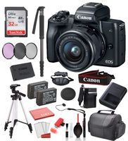 Canon EOS M50 Mirrorless Digital Camera with 15-45mm Lens USA (Black) 18PC Professional Package Deal Bundle -SanDisk 32gb SD + Replacement Battery LPE12 (2CT) + 57" Tripod + More