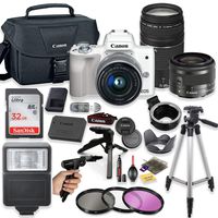 Canon EOS M50 Mirrorless Digital Camera (White) with EF-M 15-45mm Lens & EF 75-300mm Lens + Pro Lens Mount Auto Adapter - EOS (EF/EF-S to EF-M Mount) + Deluxe Accessory Bundle