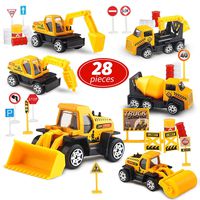 Toy Life Small Construction Toy Trucks - 28 Piece Sandbox Toy Set with 6X Die Cast Metal Construction Vehicles - Toy Bulldozer, Metal Dump Truck, Diecast Backhoe, Cement Mixer Toy Truck, Excavator Toy
