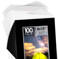 Mat Board Center, 8x10 Picture Mat Sets for 5x7 Photo. Includes a Pack of 100 White Core Bevel Pre-Cut White Core Matte & 100 Backing Board & 100 Clear Bags (Black)