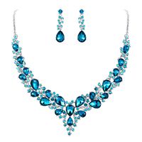 BriLove Wedding Bridal Necklace Earrings Jewelry Set for Women Austrian Crystal Teardrop Cluster Statement Necklace Dangle Earrings Set Blue Topaz Color Silver-Tone