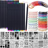 68 Pieces Journal Stencil Washi Tape and Journal Planner Pen Starter Full Set for Scrapbook Journal Notebook Diary DIY Plastic Drawing Template (Style B)