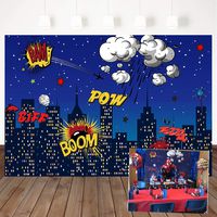 Mehofoto Superhero Photography Backdrop Birthday Party Vinyl Background 7x5ft Supercity Sky Cloud Building Night Photo Booth Background