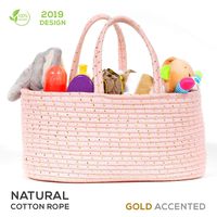 Baby Rope Diaper Caddy Organizer - Premium Large Hand Woven Pink Rope Organizer with Gold Accents. Great Storage Organization Basket for Newborn Diapers. Great Nursery Decor or Portable Baby Bag.