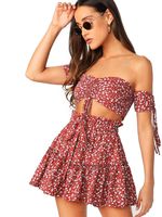 Floerns Women's Two Piece Outfit Off Shoulder Drawstring Crop Top and Skirt Set Red-Floral L