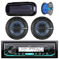 JVC In-Dash Marine Boat Bluetooth Radio USB Receiver Bundle Combo with Pair of Enrock 6.5" Black Dual-Cone Stereo Speakers, Stereo Waterproof Cover, 18g 50ft Marine Speaker Wire